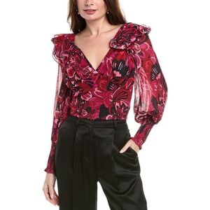 Hutch Pink Red Floral Ruffle V-Neck Smocked Back Long Sleeve Blouse Top NWT